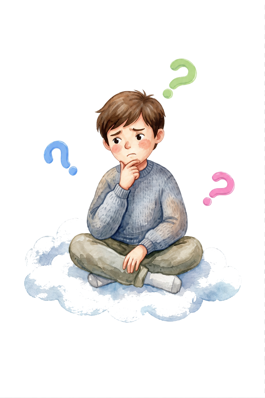 Ilustração em aquarela de um menino pensativo sentado em uma nuvem.