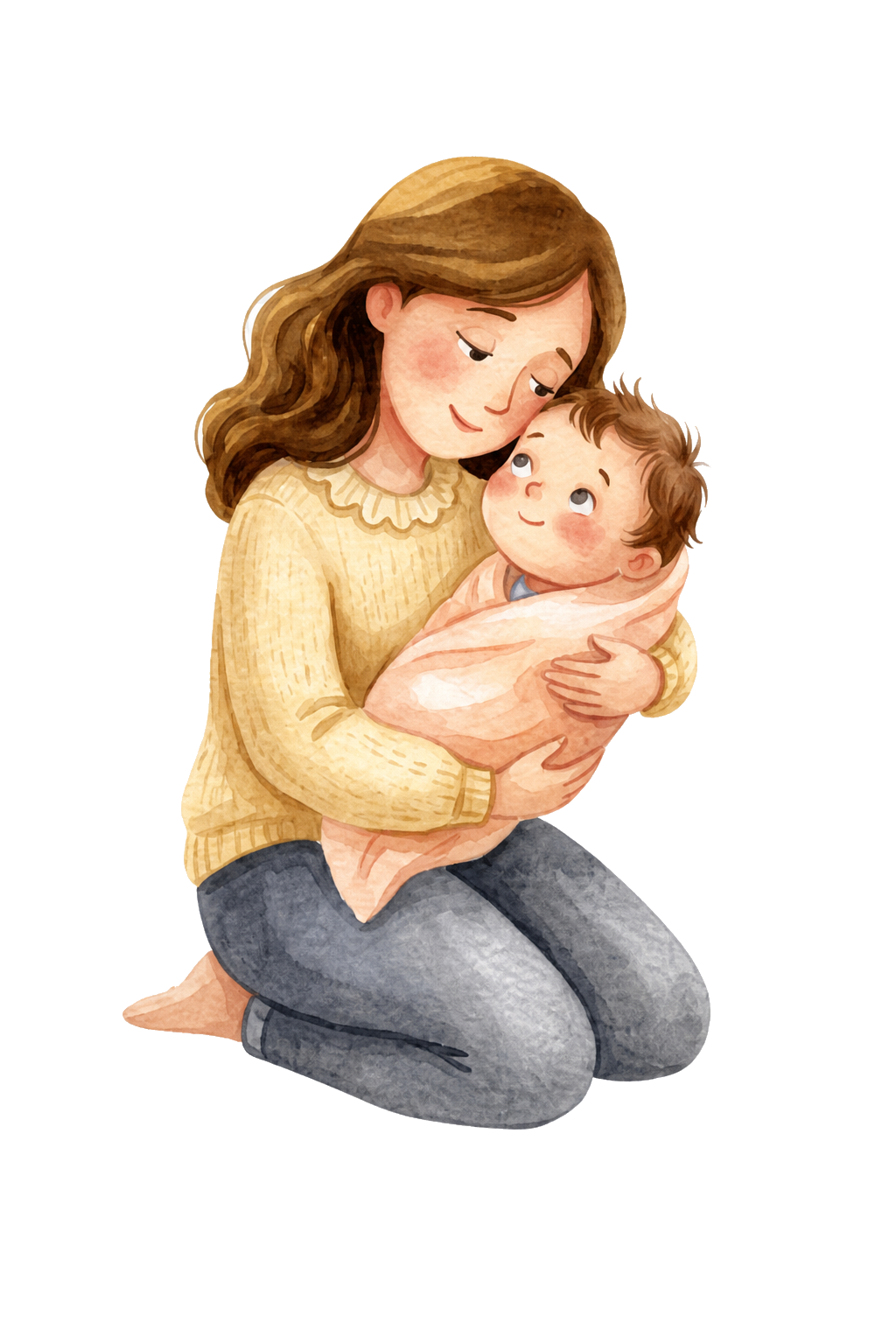 Ilustração em aquarela de uma mãe ajoelhada abraçando um bebê.
