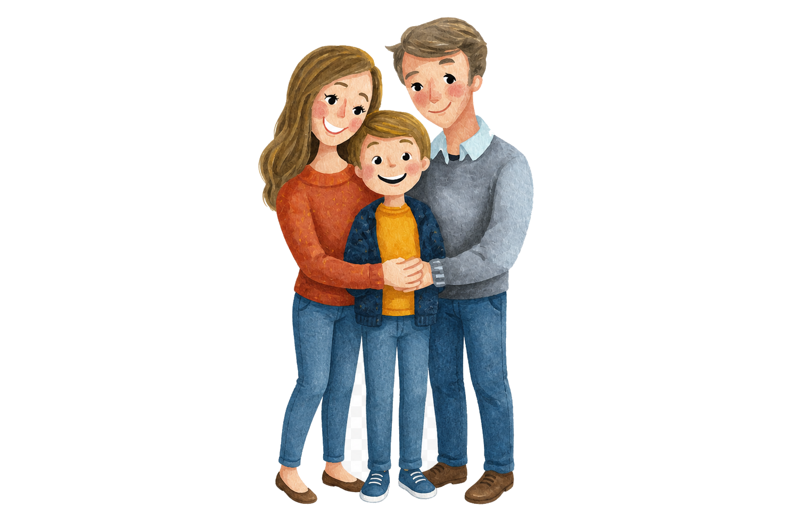 Ilustração em aquarela de uma família sorrindo em um abraço.