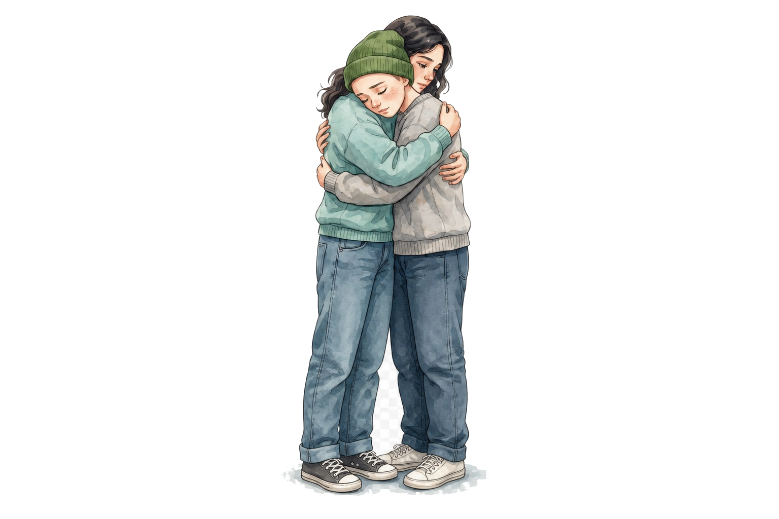 Ilustração em aquarela de dois adolescentes se abraçando.