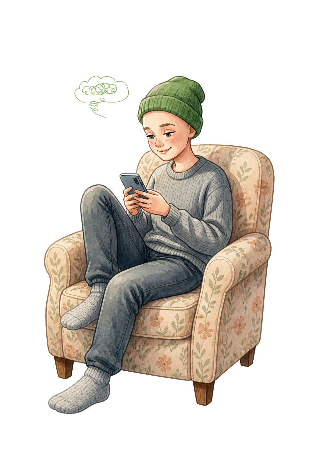 Ilustração em aquarela de um adolescente de gorro sentado em uma poltrona, olhando o celular.
