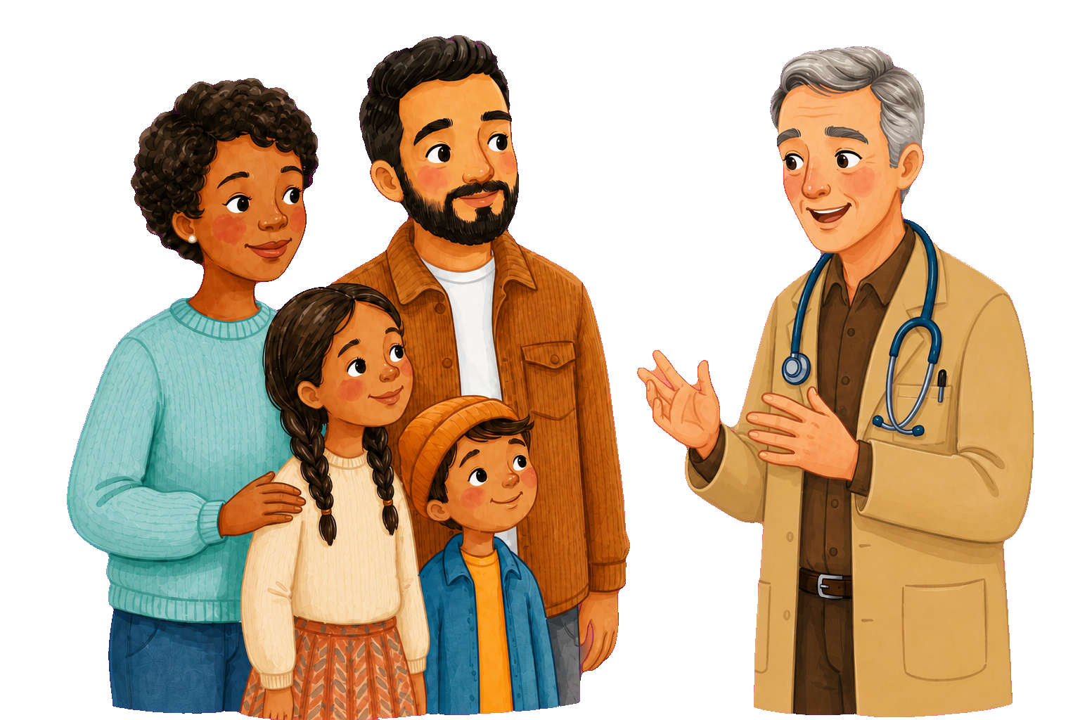 Ilustração em aquarela de um médico conversando com uma família.