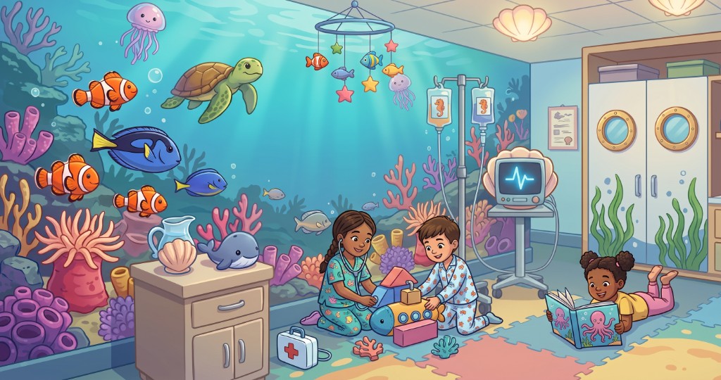 Cena A: quarto hospitalar infantil no fundo do mar, com mural, peixes, móbile, suporte de soro e uma menina lendo.